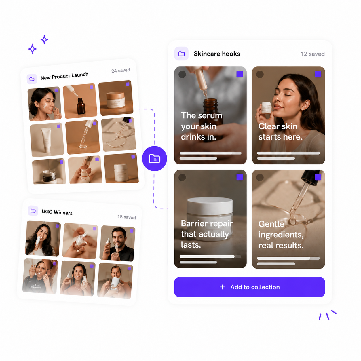 Hooklen collections — themed swipe boards like Skincare hooks, New Product Launch and UGC Winners, each with saved creatives and an Add to collection button